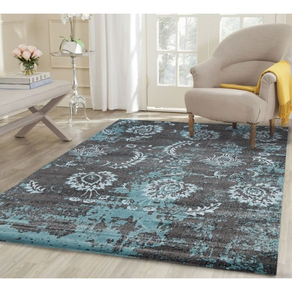 AquaSilk Grey And Blue Floral Pattern Rug