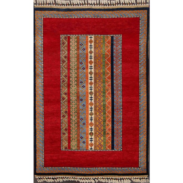 Hand Knotted Red color  Wool / Wool Shal Rug-(120 X 180) cm