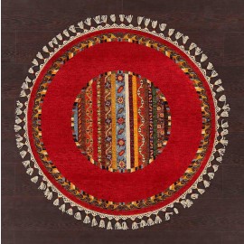 Hand Knotted Red color  Wool / Wool Shal Rug-(105 X 105) cm